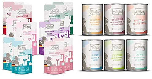 MjAMjAM Mixpaket V, 12 x 125g, 1er Pack (1 x 1.5 kilograms) & - Premium Nassfutter für Katzen - Mixpaket 3 - Wild & Kaninchen, Pute, Ente & Geflügel, Herzen, Huhn, Rind, 6er Pack (6 x 400 g)