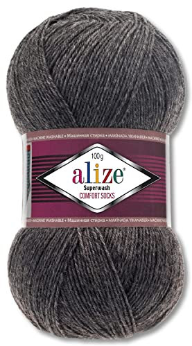 Wohnkult Alize 100 g Superwash Comfort Sockenwolle 33 Farben zur Auswahl EIN-/Mehrfarbig (182 | Dunkelgrau Melange)