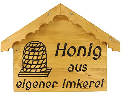 Werbeschild Honig aus eigener Imkerei aus Holz Imkerei Bienen Schild Werbung, Inkl. Dach