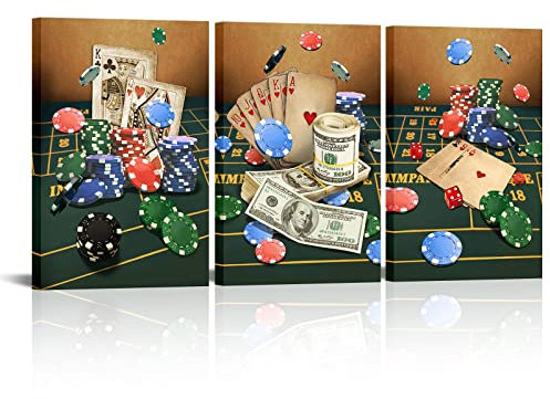 Conipit Poker-Bild, Malerei, Wandkunst für Kneipe, Bar, Casino, Wanddekoration, Pokerspielen, Leinwand, Casino-Konzept, Malerei, Gamble Chips, Bilddrucke, Galeriefolie, gespannt, 40,6 x 61 cm, 3 Stück