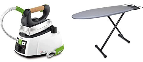 Polti PLEU0188 535 Eco Pro Dampgbügelstation, Aluminium, Weiß & Braun CareStyle Bügeltisch IB3001 BK – Bügelbrett perfekt für Dampfbügelstationen, Bezug aus 100% Baumwolle, 122 x 40 cm, schwarz/grau