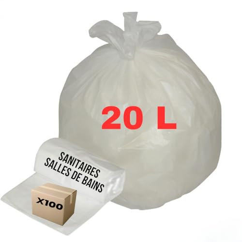 Müllbeutel, weiß, 20 l, 100 Beutel | 2 Rollen à 50 Stück | Badezimmer und Sanitäranlagen | Hygienischer Abfall – Kosmetik | Wasserdicht und robust | Integrierter Bindeverschluss