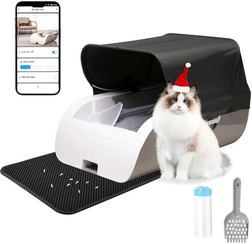 Suhaco Covered Self Cleaning Cat Litter Tray, Large Automatic Litter Tray Equipped Deodorizer & Litter Mat, No Odor Closed Cat Litter Box for Multiple Cats, APP Control Smart Self Cleaning Cat Toilet