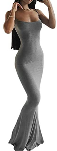 WINKEEY Sexy Maxi Robe Femme Robe Longue Moulante à Bretelles Robe d'été Slim Fit Casual Soirée Cocktail, Gris XL