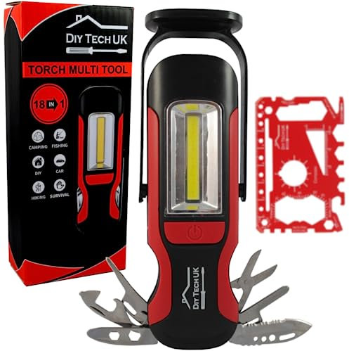 DIY TECH UK - 18 in 1 Torch Multitool Gifts for Men + Free 48 in 1 Wallet Tool - 300 Meter Beam - Valentines Day Gifts - Christmas Him Who Has Everything Women Gadgets Camping DIY Power Cuts - Red