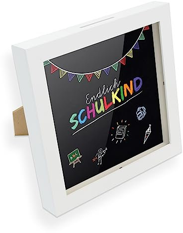 itenga Geldgeschenk I Spardose I Schulanfang I Gutschein I Bilderrahmen zum Befüllen I Geschenkverpackung I inkl. Einleger und Briefumschlag zum Dekorieren (Endlich Schulkind schwarz)