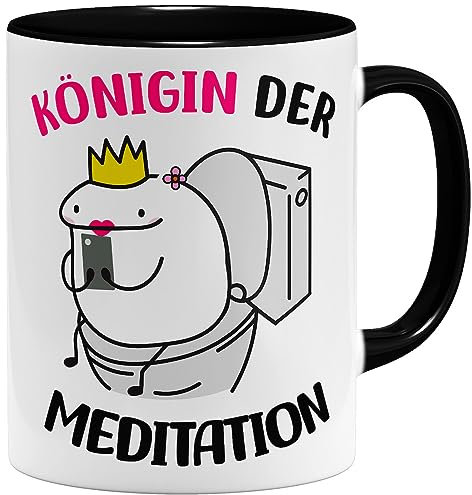 OM3® lustige Tasse mit Spruch - Königin der Meditation | Keramik Becher | 11oz 325ml | Beidseitig Bedruckt | Schwarz