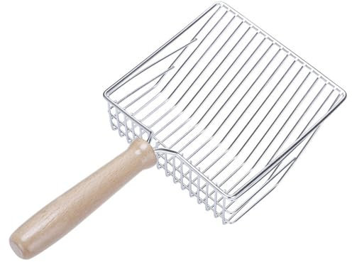 katmerio Pala para arena para gatos, pala de metal, con mango de madera, pala para arena para gatos, perros, 28 cm (plata)