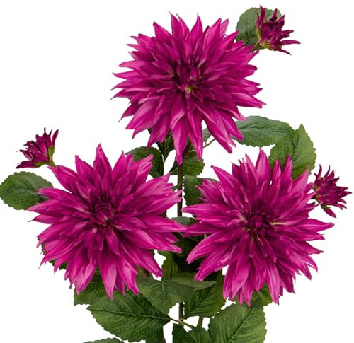 Grandi fiori artificiali di dalia con steli lunghi, 3 fiori finti viola fucsia e 3 boccioli finti decorativi, composizioni floreali per casa, soggiorno, cucina, matrimoni, decorazioni per feste