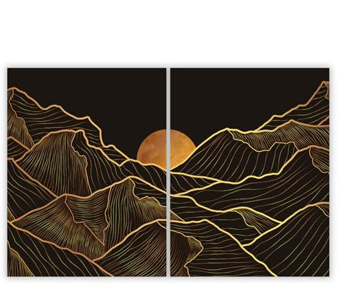 SMTDeco Herdabdeckplatte 2×40×52 cm – ESG gehärtetes Glas, kratzfest & rutschfest – Spritzschutz & Schneidebrett – für Induktion/Ceranfeld – 2-teilig, Motiv Sonne Berge Schwarz