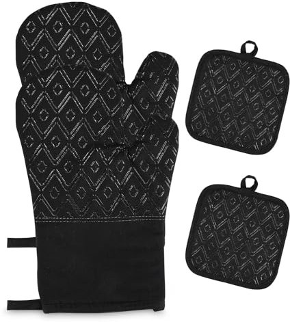 Manoplas Horno, Juego de 4 Guantes para Horno Resistentes al Calor, Algodón Antideslizante Cotton Guantes Cocina, Guantes de Silicona Antideslizantes, Cocinar, Barbacoa, Microondas