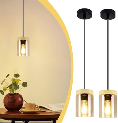 Glitzerlife Hängelampe Esstisch 1 Flammig Glas - 2ER Pendelleuchte Vintage Schwarz Metall mit Holz Lampenschirm Pendellampe E27 Fassung Hängend für Esszimmer Küche Wohnzimmer Schlafzimmer