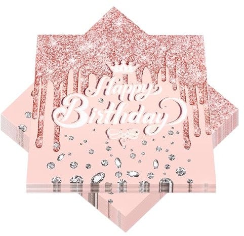 40 Stück Happy Birthday Servietten - Tischdekoration Geburtstag Rosa - Party Dekoration für Mädchen Junge, 33 x 33 cm