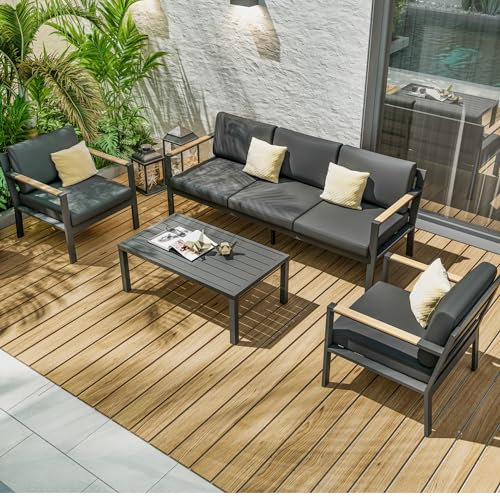 Salon de Jardin Extérieur en Aluminium et Bois Composite 5 Places – Anthracite/Naturel - Ensemble Meuble Salon Complet – Canapé 3 Places – 2 Fauteuils 1 Table Basse – Coussins Déhoussables - MABILLON
