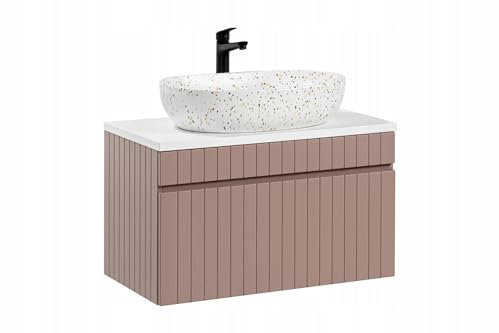 Muebles Slavic Mobile da bagno sospeso con cassetto lavabo da appoggio rosa 80 cm, mobile bagno moderno