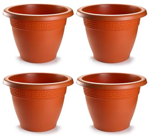 Tradineur - Pack de 4 Macetas Redonda Terracota - Fabricado en Plástico - Macetero Apto para Exterior e Interior del hogar - Ø 40 cm - Color Marrón