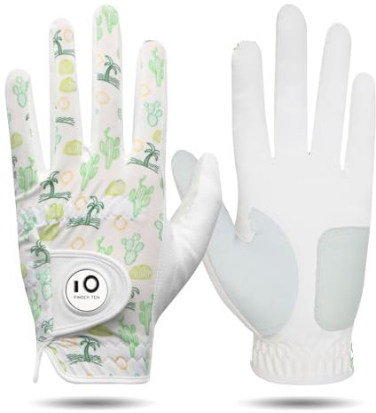 FINGER TEN Golfhandschuhe Herren Links Rechts Hand Leder mit Ballmarker Sommer, Golf Handschuhe Männer Weathersof Premium Qualität Weicher Komfort (Grün, M-L, Links)