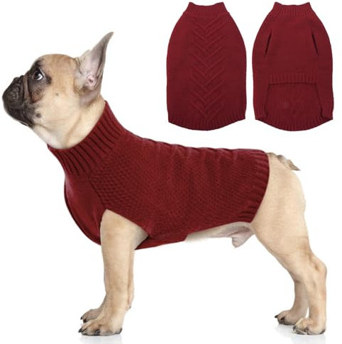 Katzinst Pullover Hund Warm, Weich Hundepulli mit Zopfstrickmuster, Gestrickte Hundemantel, Strickkleidung Mäntel Kaltes Wetter, Pullover Hunde Bordeaux, Rot, L