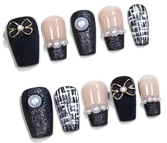 TENPAL Handmade French Tips Press on Nails Medium,Black Gold Pearl & Bow Tweed Coffin,Detachable Luxury Heirloom Elegance for Fair Skin, Acrylic Wedding Nails for Women(XS)