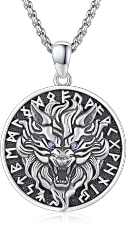 ZIPPICE Wikinger Wolf Halskette 925 Sterling Silber Wolf Rune Halskette Nordisches Amulett Wolf Anhänger Wikinger Schmuck Geschenke für Männer Frauen mit 22+2 Edelstahl Kette