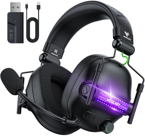 WESEARY Bluetooth Kopfhörer, 2,4G Wireless Gaming Headset mit Mikrofon für PS5, PS4, PC, Switch, Mac, Faltbarer Surround Sound Noise Cancelling mit LED Licht, Über 50 Stunden Akkulaufzeit