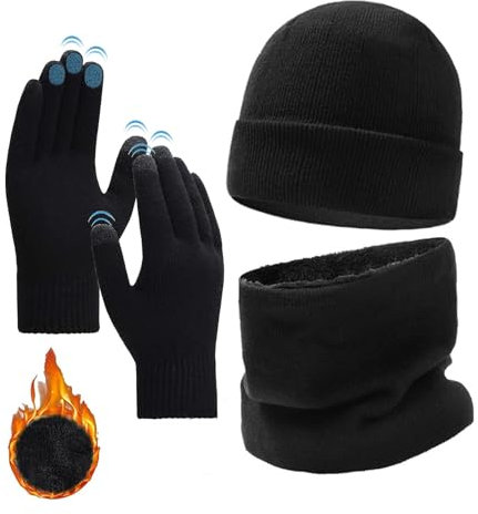 Mütze Schal und Handschuh Sets für Herren, Touchscreen Handschuhe Winter Beanie Mütze mit Fleece Gefüttert Schal Halswärmer Schlauchschal Set für Ski