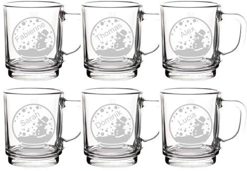 LUXENTU Glühweintassen mit personalisierter Gravur, Teegläser 250 ml, Geeichte Glasbecher bei 0,2 Liter, Set für Freunde & Familie, Motiv: Schneekugel, 6 Stück