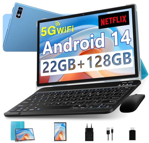 Tablette 2025 Nouvelle Tablettes 10 Pouces Android 14 avec 22Go RAM 128Go ROM 5G+2.4G WiFi, GPS, Octa-Core 2.0Ghz, GMS, 8000mAh, Widevine L1, BT5.0, Tablette Tactile avec Clavier| Souris| Etui - Bleu
