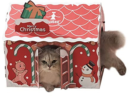 46x33x40cm Weihnachten Katzenhaus Pappe Karton Katzenhöhle Spielhaus Katzenkratzhaus Karton bissfest mit Katzenminze und 2 Fenster für Katze Schlafen Indoor