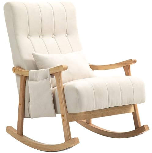 HOMCOM Schaukelstuhl mit Rückenlehne, Lendenkissen, Holzkufen Beige