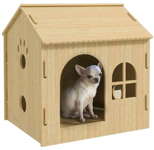 PawHut Hundehütte mit Fenster, Katzenhaus mit niedliches Pfoten-Design, Montage ohne Schrauben, für kleine Hunde unter 4 kg, Indoor, 49,5 x 41 x 51 cm, Eiche