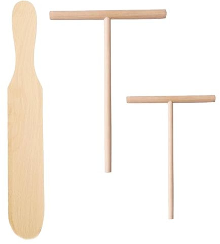 HUATEEN Natural Beechwood Crepe Spatula & T-Shaped Distributors Set - 25cm Spatula, 18cm/12cm Spreaders | Crepe Maker Kit for Pancakes, Square Cakes | Heat-Resistant Wooden Tools