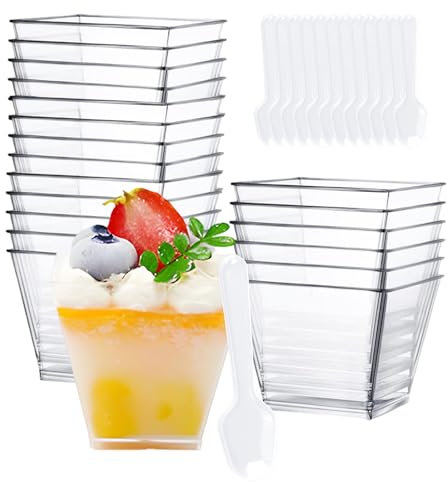 Xmart 60 stück Dessertgläser Plastik Klare Dessertbecher Wiederverwendbar Desert Becher Quadratischer für Pudding Mousse Eis Geburtstag Hochzeiten Picknick Party Buffets 60ml