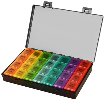 Eyeleaf Monthly Pill Box Organiser,4 Week 28 Day Large Pill Box Organiser,Pill Boxes,Pill Organiser with Dust-Proof Case for Vitamins/Fish Oils/Pill (Black 7 Day 4 Times a Day)