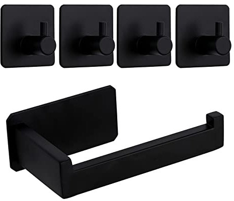 Withosent Portarrollos Papel Higiénico, Cuelga Facil Portarrollos Baño Adhesivo, Accesorios Baño sin Taladro, 1 Porta Rollos de Papel Higienico + 4 Ganchos Adhesivos para Pared, para Baño y Cocina