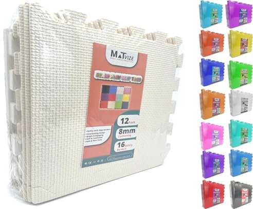 MATVIZE Eva Foam Baby Play Mat – 12Pcs (29x29cm) 8mm Thick Soft Beige Interlocking Floor Tiles, Waterproof, Non-Slip, Safe & Comfortable Matting for Kids, Child’s Play (Beige, 12 Pack)