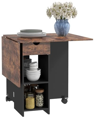 HOMCOM Mesa Plegable de Comedor Mesa de Cocina Plegable con Ruedas Alas Abatibles Cajón y Estantes para 2-4 Personas 120x72x75 cm Marrón Rústico y Negro