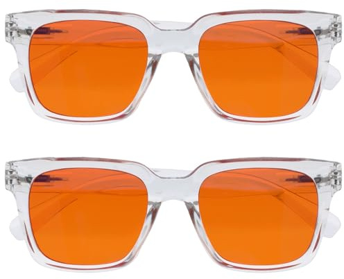 OPULIZE ERA Sunglasses - Orange Tinted Lens - 2 Pack - Anti-reflective Anti-Glare UV400 Protection Lenses - Oversized Rectangular Frame - Spring Hinges - Clear - Mens Womens
