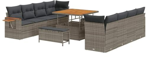 vidaXL 11-teiliges Garten-Sofa-Set mit Kissen in Grau aus Poly Rattan und Akazienholz. Perfekt für draußen, bietet Platz für 4 Personen. Ideal für Balkone, Gärten und Terrassen.