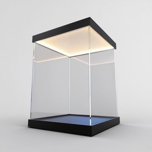WhamtL Acryl Vitrine GroßE, Durchsichtige Acryl-Vitrinen mit Led-Beleuchtung, 20 30 40 50 60 70 cm Hohe Würfel-Kunststoffvitrine, Aufbewahrungsbox(Black,60x60x70cm(24x24x28in))