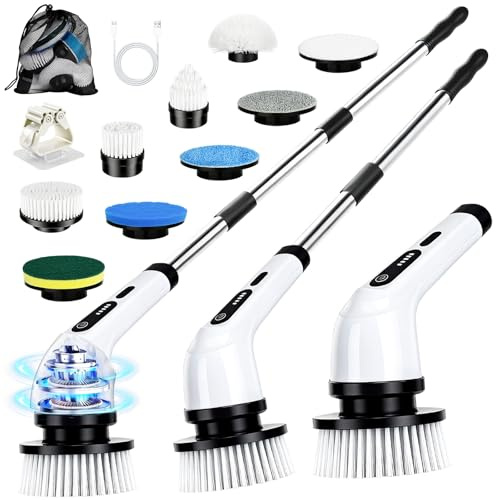 PATEMZON Spazzola Elettrica Rotante, 9 in 1 Spazzola Rotante Pulizia Casa-IPX7, Doppia Velocità e Manico Estendibile, Spazzola Elettrica per Doccia, Cucina, Auto, Piastrelle, Pareti, Pavimenti