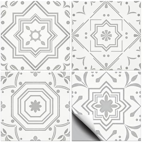 CONCHLERY 36 Pcs 4 Styles Gray and White Patten Tile Sticker Geometric Patten Wall Tile Stickers Waterproof Self Adhesive Stick on Decals for Kitchen Bathroom Wall Art 4×4 Inch
