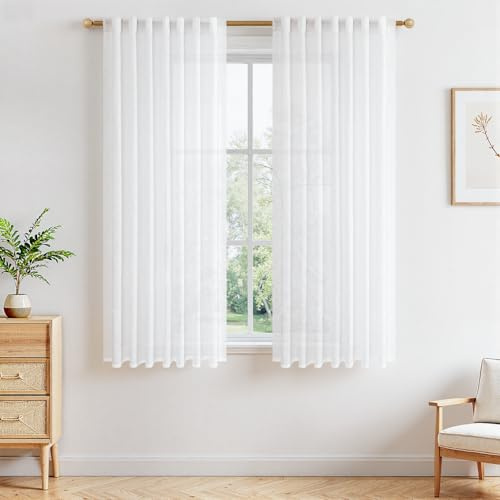 MRTREES Gardinen Weiß Leinenoptik Halbtransparent für Wohnzimmer Modern Kurz Fenster Schlafzimmer Kinderzimmer 2er Set H 180 x B 140 cm, Vorhang Weiss Landhausstil mit Verdeckten Schlaufen
