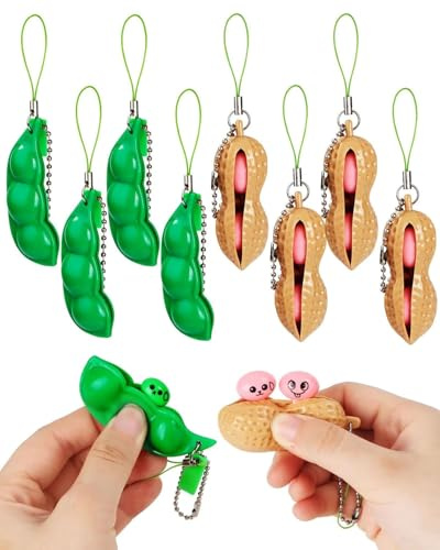 JEXOWIQ 8 Pcs Pendentifs Squeeze Toys, Porte-clé Haricot Pois Jouet Pression, Squeezer Edamame Bean Porte-clés, Soulager le Stress, Jouets Anti-Stress, Jouets de Décompression pour Adultes