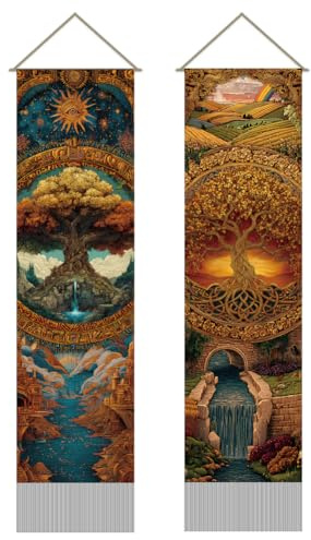 AHANDMAKER 2 Stück Baum Des Lebens Wandteppich, Landschaft Lang Vertikal Wandbehang, Quaste Wand Teppich Mystisch Ästhetisch Dekor für Schlafzimmer und Wohnzimmer (116x33cm)