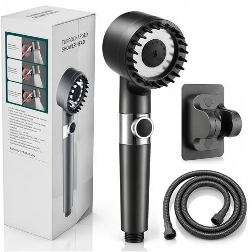 Pommeau Douche Haute Pression - Pommeau De Douche Anti Calcaire,Avec Tuyau 2M,Support,4Types de Jets Douchette Salle de Bain,ON/Off D'arrêt D'eau,SPA Shower Head