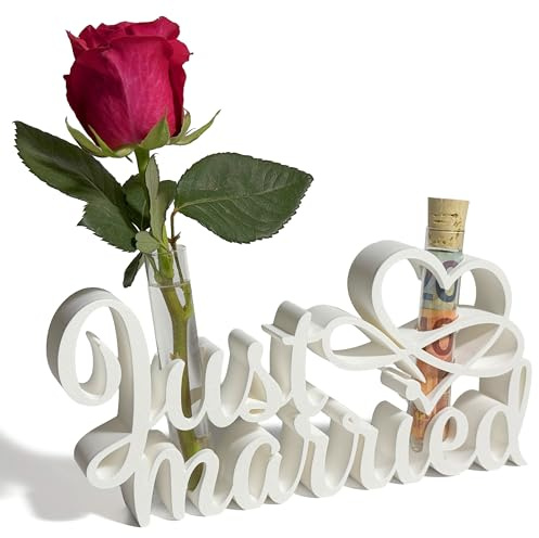 Just Married - Letterli Bloom Design Schriftzug Geldgeschenk zur Hochzeit | Originelle Verpackung für Geld & Gutscheine, 3D Deko Aufsteller, Glaseinsatz für Blumen, Für Brautpaar