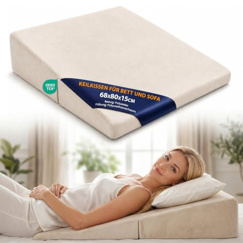 Keilkissen für Bett und Sofa 68x80 cm - Reflux Kissen & Matratzenkeil für Erwachsene – Bettkeil Lesekissen Rückenkissen Kopfteil Betterhöher – Venenkissen Beinkissen Bezug waschbar Oeko-Tex