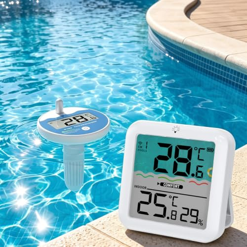 Funk Pool Thermometer,ORIA Digital Poolthermometer Schwimmend Außensensor | IP68 Wasserdicht Schwimmthermometer für 100m Reichweite Wasserthermometer Innen Außen für Badewanne, Aquarium, Whirlpool,Spa