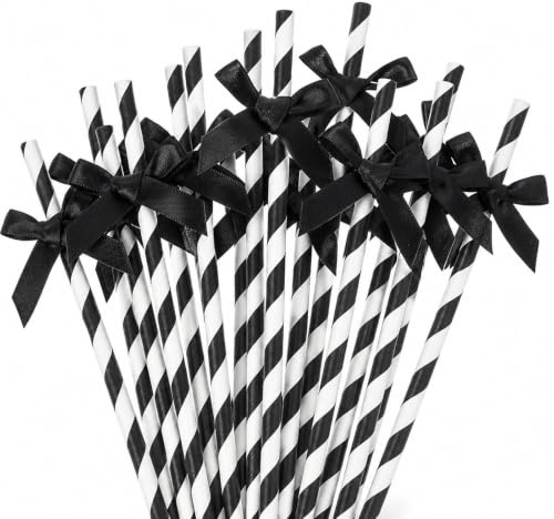 30PCS Cocktail Straws with Black Bow – Cute Party Drinking Straws